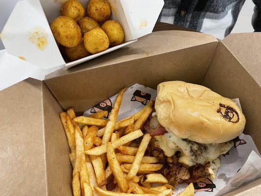 BBQ Burger + fries, side of yellow potatoes