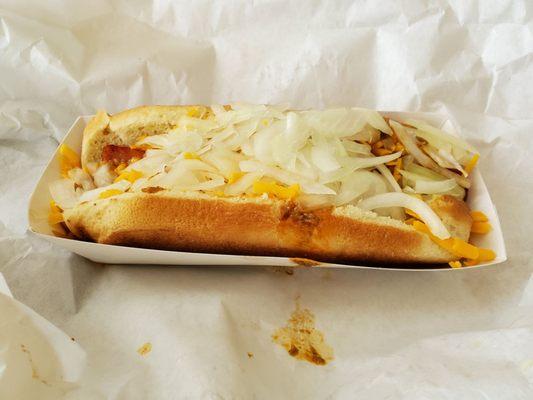 Chili dog with cheese and onions