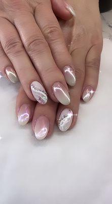 Nontoxic Hybrid Tap gel or dip powder nails with hand drawn Nails Art, with chrome and glitter