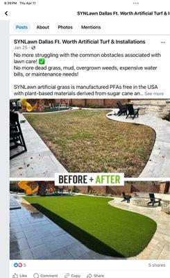 This is off of their Facebook site, claiming no more dead grass, mud , overgrown weeds, or maintenance needs!