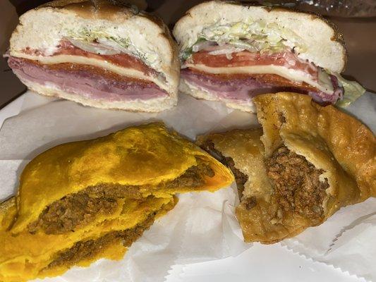 Italian combo, empanada, Jamaican beef patty