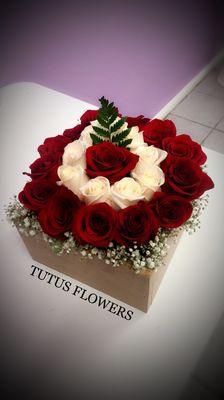 Hand made wooden vase filled with red & white roses, with some simple details that made it look beautiful!