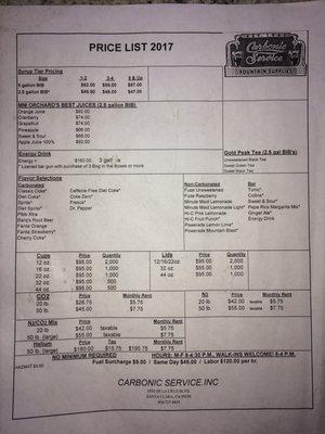 2017 price list