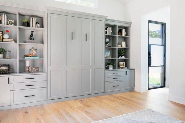 Beautiful contemporary look, with gray finish. Murphy Bed and home office wall.