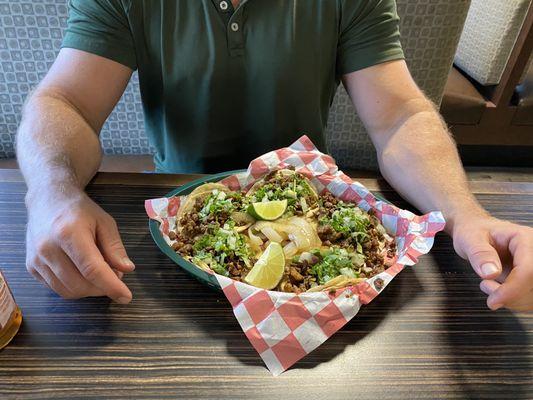 Beef tacos. Chorizo tacos. Green sauce!!