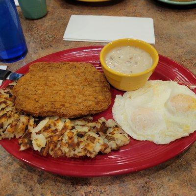 Country fried steak,  gravy on the side, perfect crunchy hash....everyyime,  and in 9 minutes