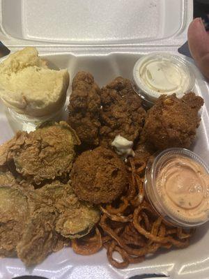 Steak fingers, sweet potato curly fries, Fried Pickles