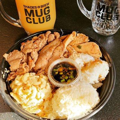 Spicy shoyu beef and shoyu chicken plate lunch with a hazy IPA for Festivus.