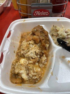 The Averie! Boneless Fried Chicken Breast with Swiss Cheese, covered with shrimp Etouffee. Oooooowweeeeee