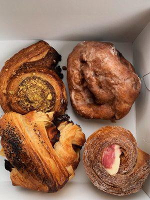 Lychee (BR), pear chai (TR), ham croissant (BL), and baklava (TL)