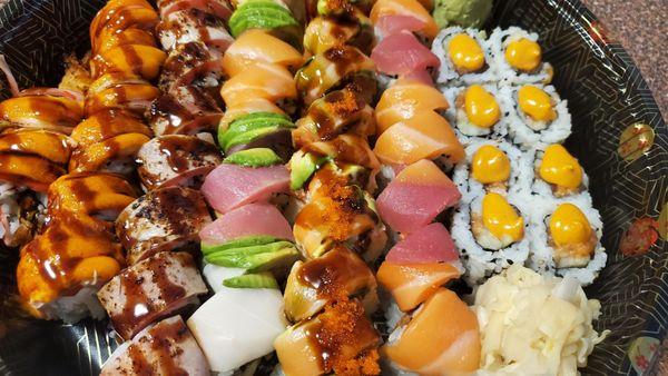 Sheggy, Samurai, Rainbow,  Angie, and Spicy Salmon rolls