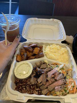 Beef box w/ Mac and roasted sweet  potatoes. With orange blossom mint tea.