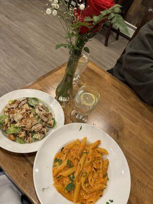 Penne Vodka Sauce and Caesar salad