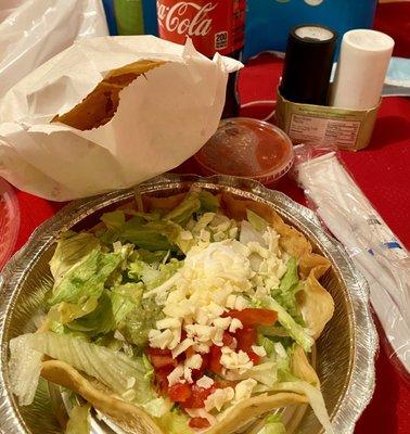 Child's chicken taco salad comes with chips and salsa.