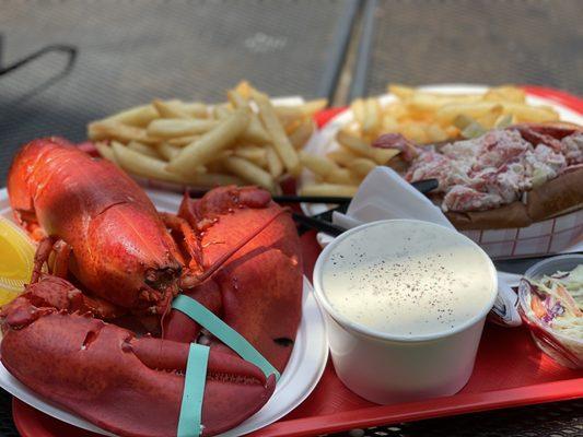 Lobster and Fresh Lobster Roll Sandwich with Homemade chowder in the traditional new England style