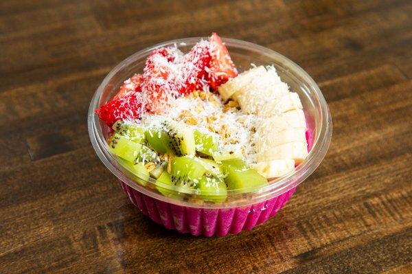 PitaYAY Bowl ​ Pitaya Base Granola, Banana, Kiwi Strawberries, Coconut Shreds