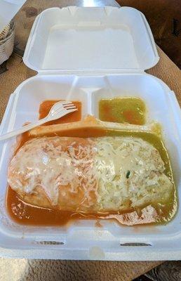 Super burrito, mojado. Half and half.  Green sauce is better