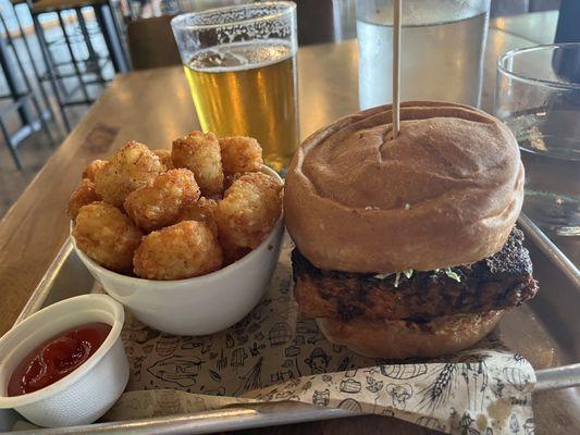 Nashville Hot Tofu Sandwich with tots