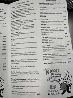 Nicco's Menu as of 10/10/2022