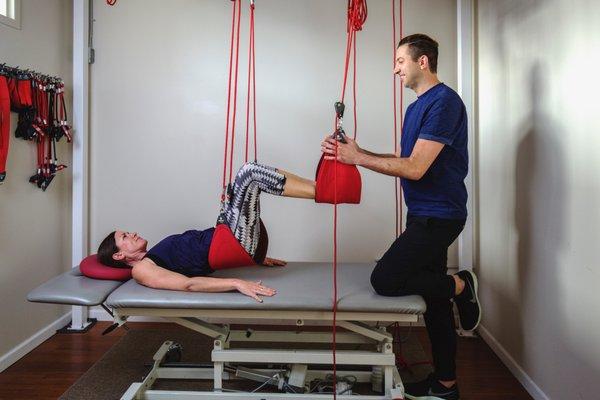 By using supporting slings with bungees your body recruits small and big muscles without compensating or cheating.