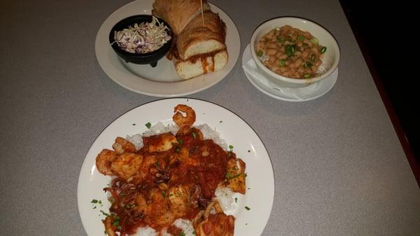 Seafood creole, bbq pork sandwich,  and the best beans and rice I've ever had,  ever, literally!