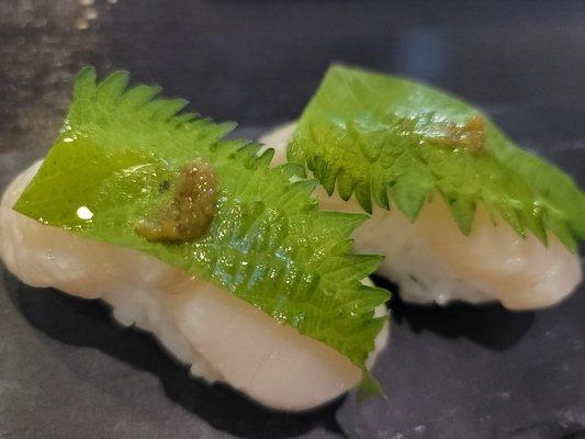 Jumbo scallop with truffle oil and shiso leaf!!!