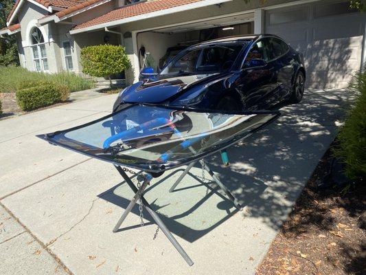 23 Tesla front windshield replacement, by CAL BAY AUTO GLASS.