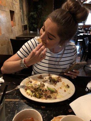 My wife can't even put her phone or Nacho down! She did pause in order to sample all the different items I ate !