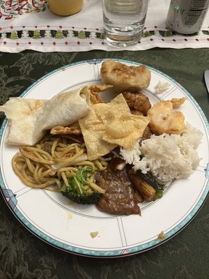 House lo mein, Crab Rangoon, Moo-Shi Pork, pineapple shrimp, general tsao chicken, tangerine beef, gyoza