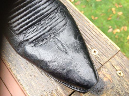 A beautiful hand made pair of boots in pristine condition brought here for a "little stretch". Leather is DAMAGED BEYOND REPAIR