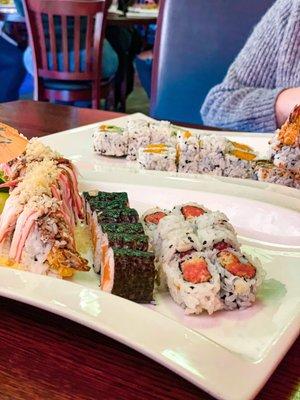 Shrimp Tempura, salmon roll, spicy tuna roll.