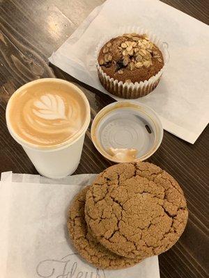 Sourdough huckleberry muffin.  Ginger cookies. Cappuccino.