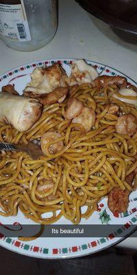 Shrimp Lo Mein with Buttermilk Shrimp and Sweet n Sour Chicken