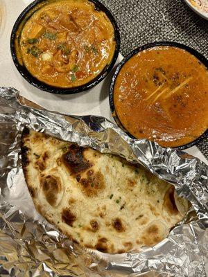 Garlic naan, chicken tikka masala, dal makhani