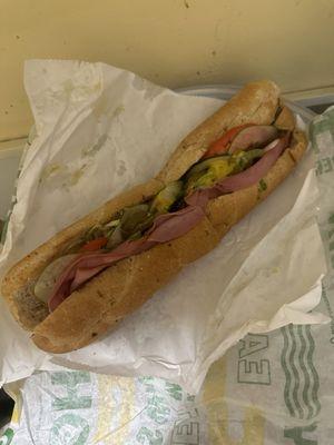 Cold cut sub not cut as instructed and missing mustard and mayonnaise and oil and vinegar with very little ingredients.