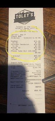 Beware of "to go" charge per item AND a 20% phone take out charge