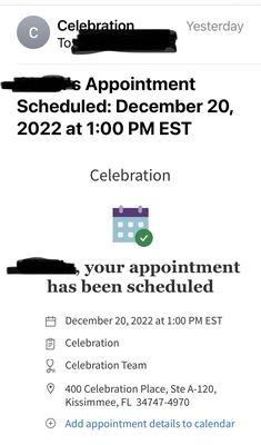 Confirmation email for appointment scheduled for 1:00pm