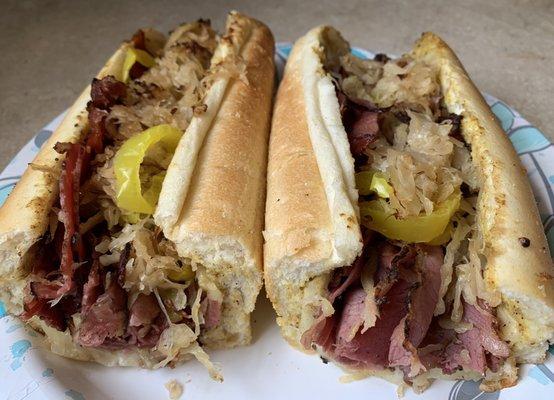 Ben's New Yorker - hot pastrami, Swiss, sauerkraut brown mustard add banana peppers - most awesome