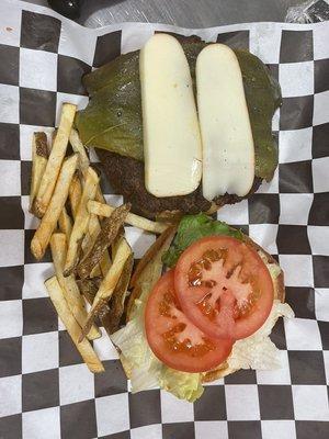 Green chili burger french fries lettuce tomatoes pickles and onions