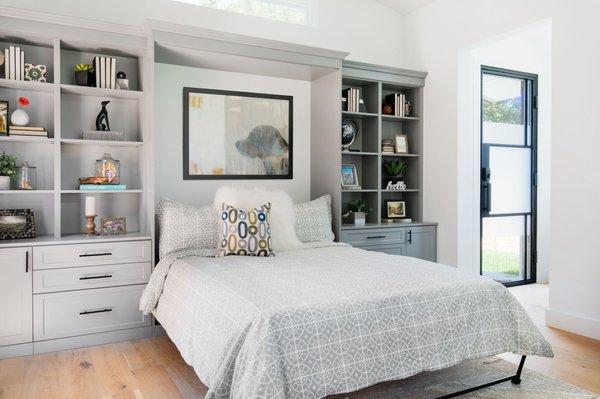 Beautiful contemporary look, with gray finish. Murphy Bed and home office wall.