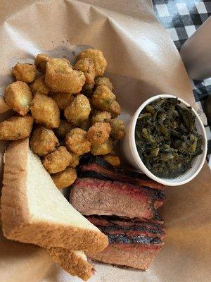 Brisket, fried okra, and greens