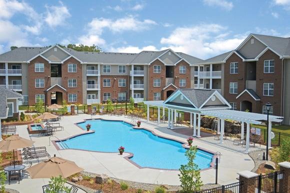 The main courtyard with pool, gazebo, and waterfall.