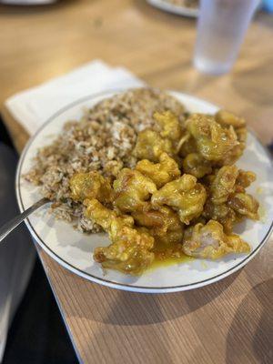 Lemon chicken and fried rice.