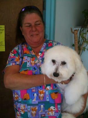 This is the owner with my Bichon, Louis. He loves her.