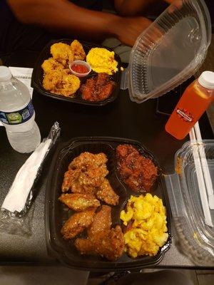 Fried shrimp & dirty rice, garlic parmesan wings, mac & cheese, candied yams and strawberry lemonade