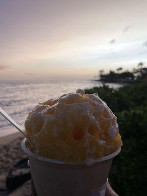 All natural Passion Fruit and Mango with Coconut Cream topping during a beautiful May sunset.