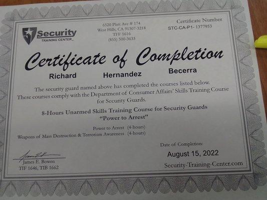 Certificate of completion