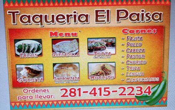 TAQUERIA EL PAISA MENU