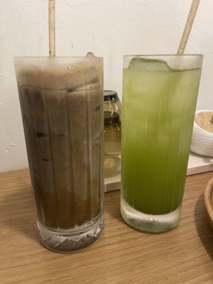 Hojicha latte and sencha