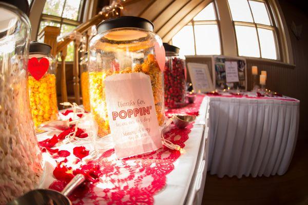 Popcorn Bar featuring Kenosha's  BEST popcorn from Sandy's Poppers! Wedding reception at Kemper Center, Simmons Auditorium, May 2016! Delish